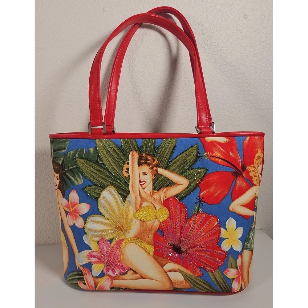 ISABELLA FIORE RARE Vintage Hawaiian Pin up Girls Bag Tote Floral Gorgeous!!
